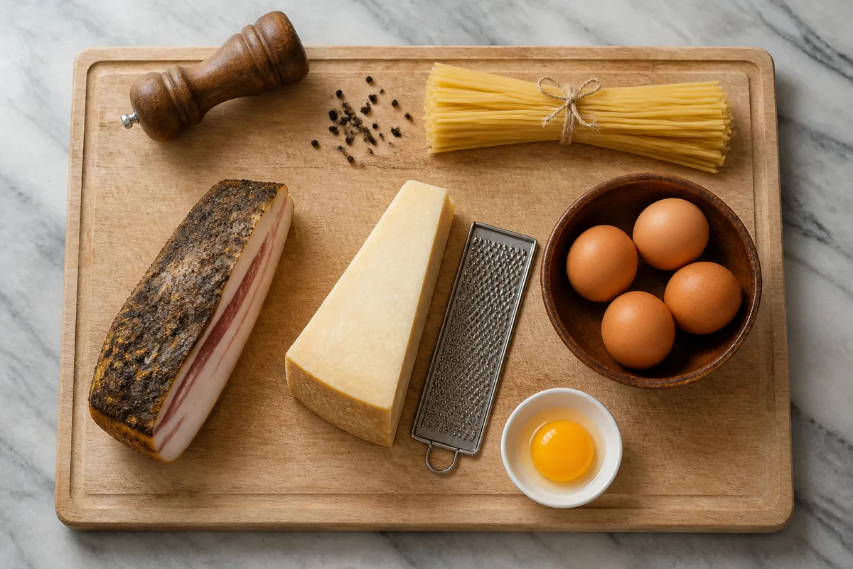 Guanciale entier, meule de pecorino romano et œufs frais posés sur une planche en bois clair