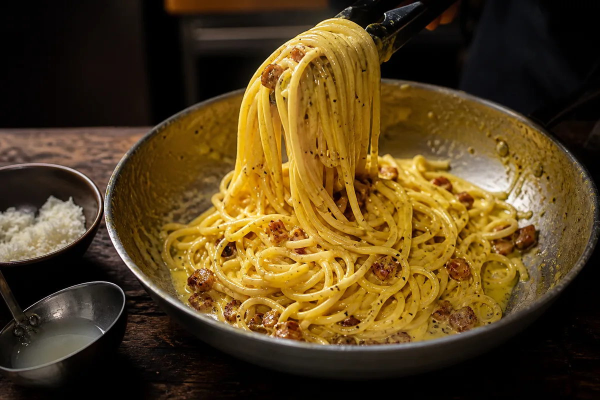 Assiette de spaghetti à la carbonara nappés de sauce brillante, avec guanciale doré et poivre noir concassé