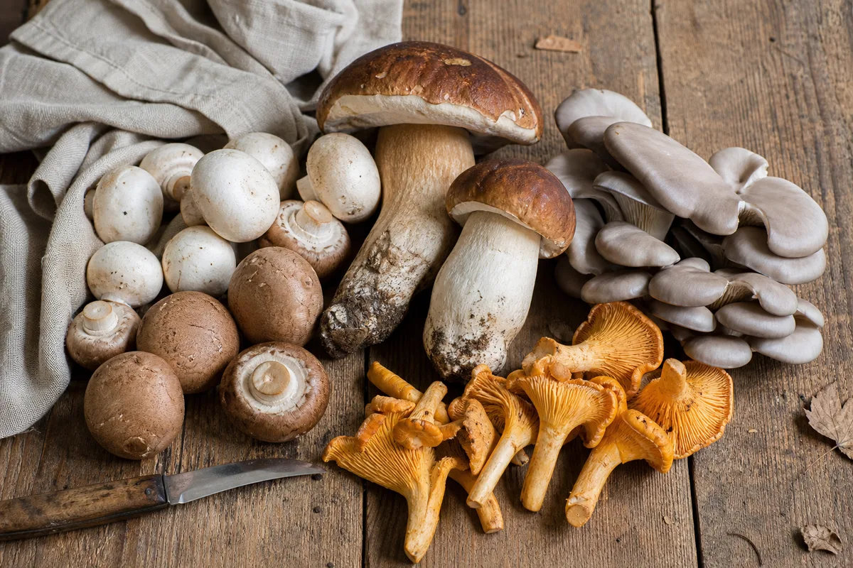 Assortiment de champignons frais, cèpes, champignons de Paris et pleurotes posés sur un plan de travail en bois