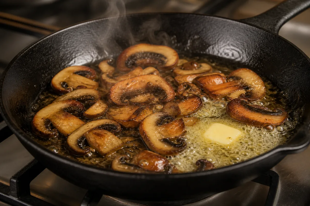 Champignons émincés en train de dorer dans une poêle en fonte bien chaude