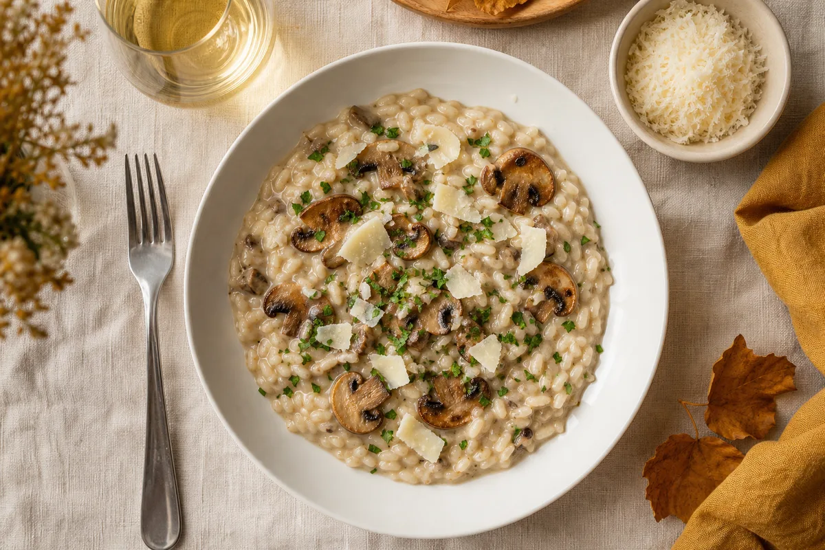 Risotto aux champignons crémeux servi dans une assiette creuse blanche, parsemé de persil et de copeaux de parmesan
